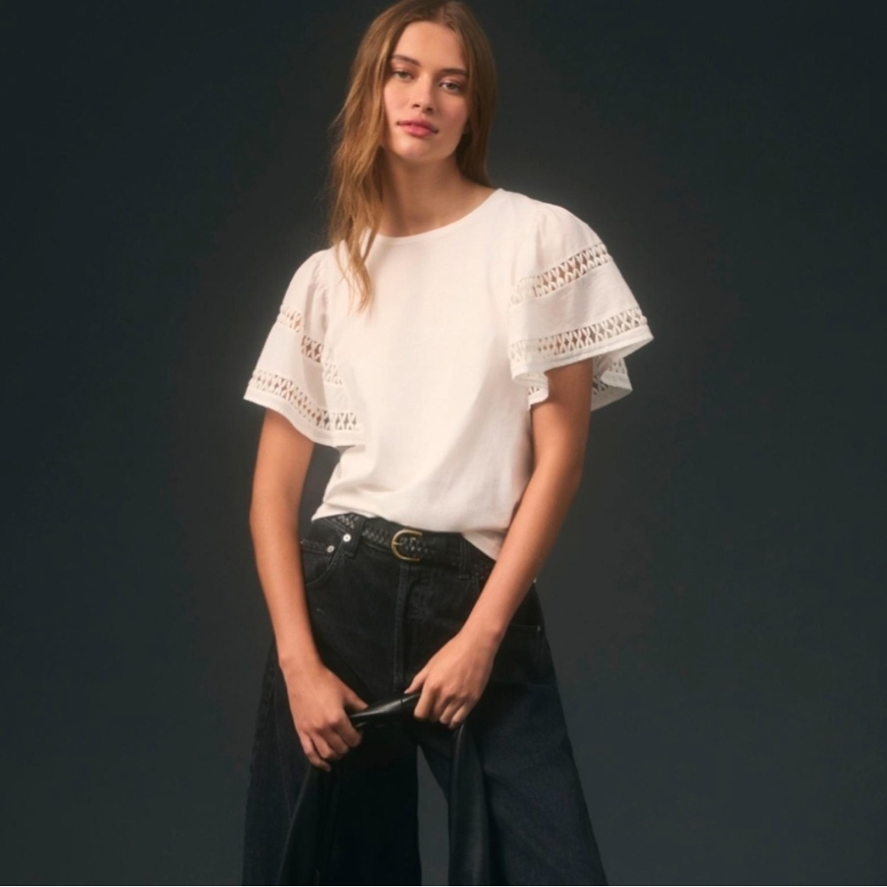 Anthropologie Self Contrast Flutter-Sleeve Cutwork Top